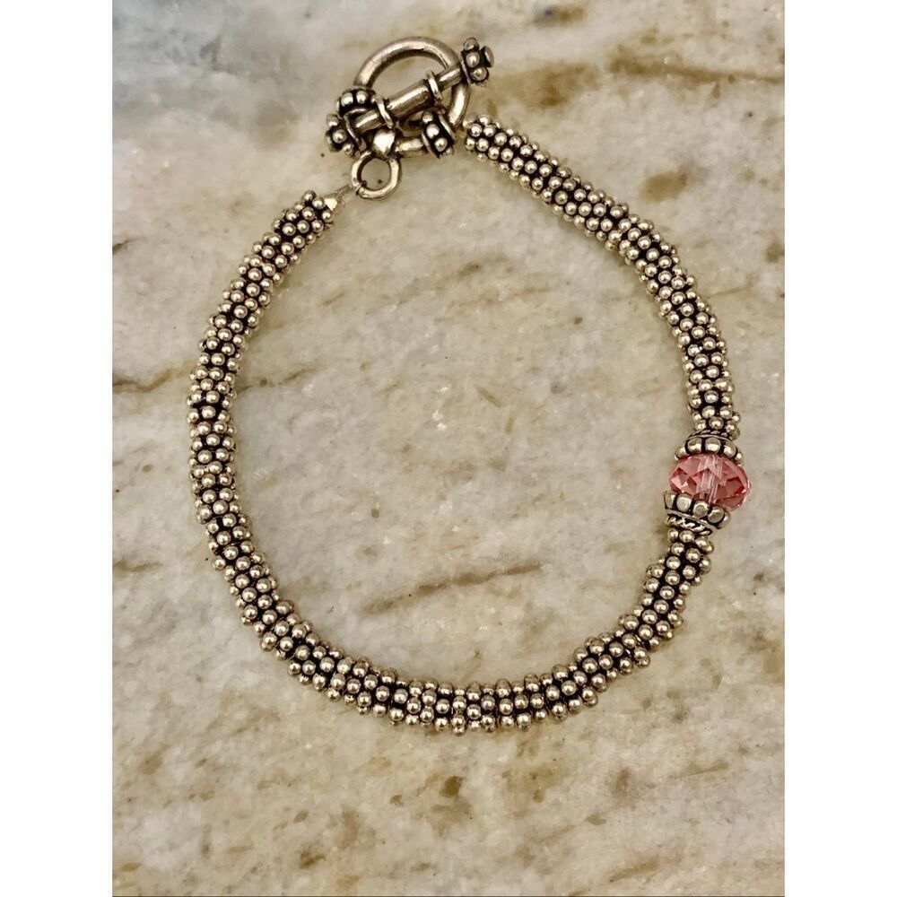 Sterling Silver Bali Bracelet with Rose Pink AB Crystal #breast cancer#handmade